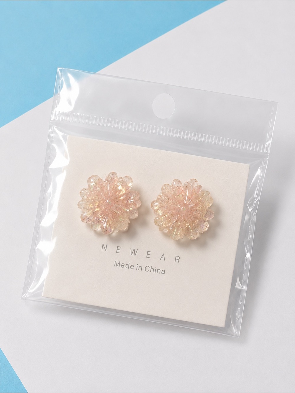 Pink Glitter Flower Stud Earrings -